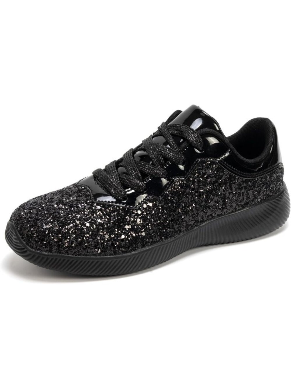 Women's Black Rubber Lightweight Glitter Metallic Sequin Walking Sneakers Shoes